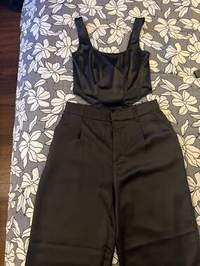 Satin Crop Corset & Wide-Leg Pants Set - Black